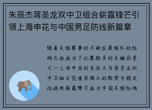 朱辰杰蒋圣龙双中卫组合崭露锋芒引领上海申花与中国男足防线新篇章